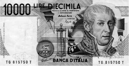 Nota com imagem de Volta Reprodução de nota ilatiana com imagem deVolta e sua pilha