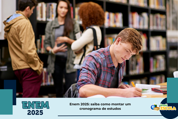 Cronograma de estudo Enem 2025 Foto: Rpaz estudando em bilbioteca com pessoas ao fundo. Texto: título da notícia.