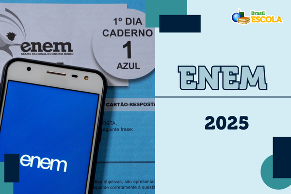 Estudante sorrindo a apontando para cima. Na imagem, está escrito: Enem 2025