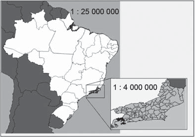 Figura com dois mapas em que o estado do Rio de Janeiro é visto em diferentes escalas.