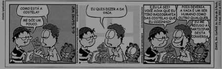 Tirinha “Garfield”, de Jim Davis. A polissemia consiste em atribuir a uma única palavra várias significações