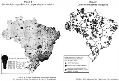 Mapa com a população e as terras indígenas no Brasil